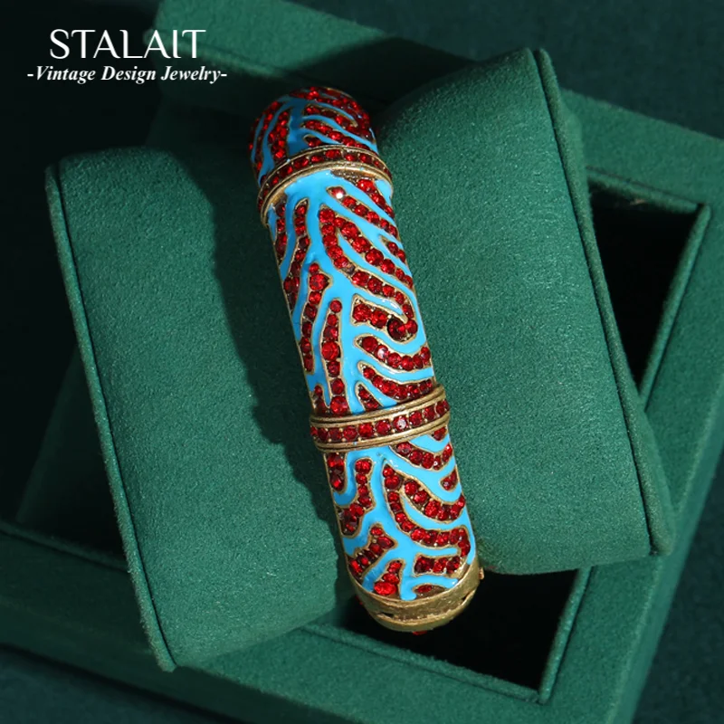 

Vintage Blue Enamel Red Rhinestone Bracelet Curved Chinese Style Bangles Gold Color Antique Retro Accessories 2025 New Arrival