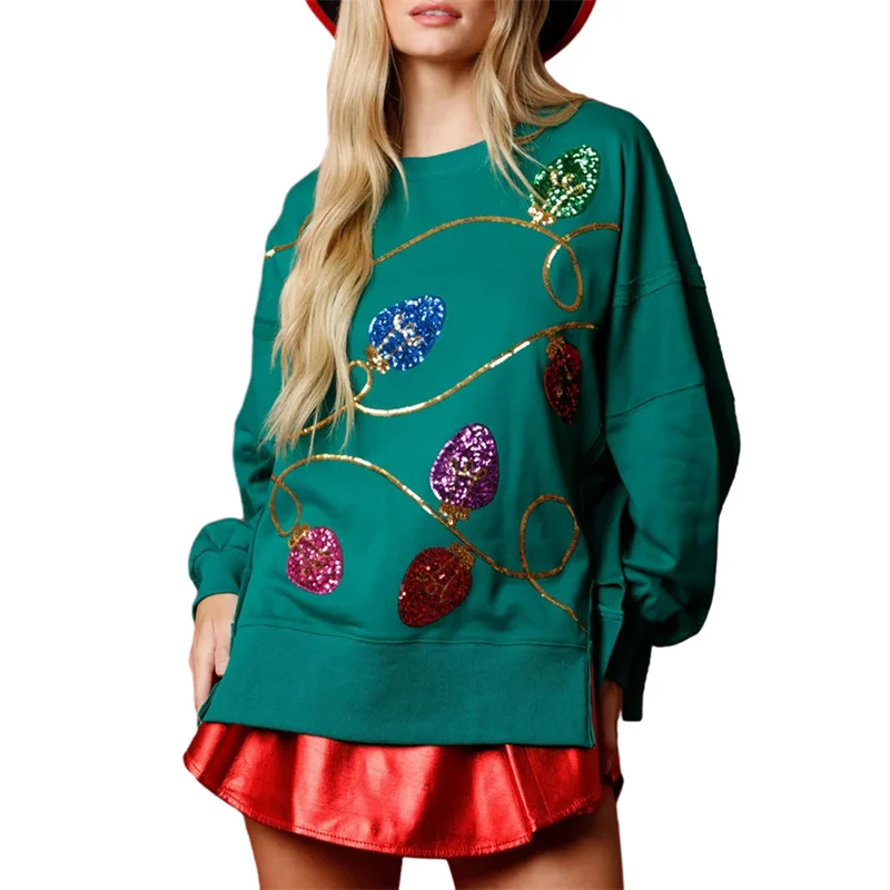 

Christmas Sweatshirt Sequins Clothes Women Glitter Pattern Round Neck Long Sleeve Hoodies Side Slit Tops Holiday Party Clothing