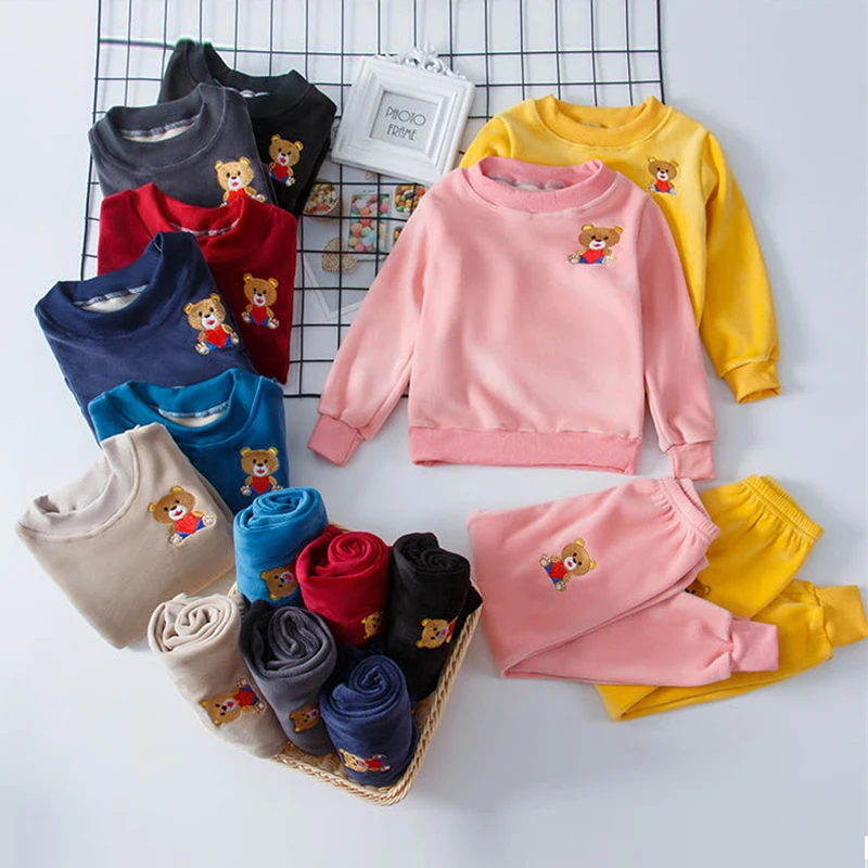 

Spring Autumn Warm Sweatshirts Kids Clothing Sets Plus Velvet Thicken Pullovers+Pants Cartoon Bear Outfit Children Sports Suit