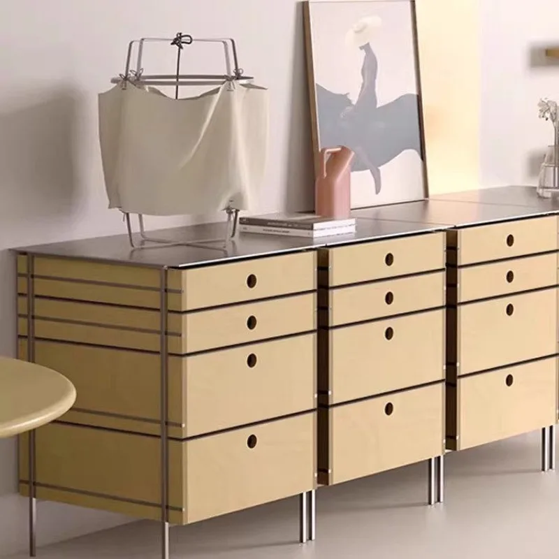 Minimalist four-drawer storage cabinet with side meals, multi-layer solid wood floor-standing stainless steel bar cabinet