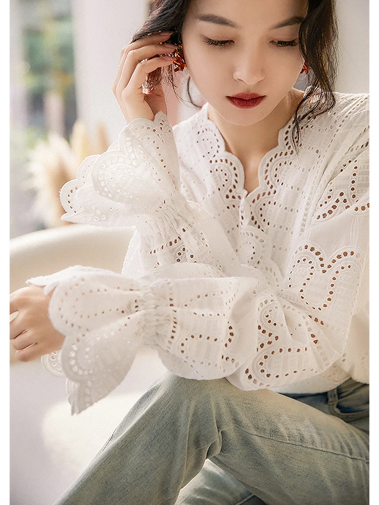 

Xhange Cotton Embroidered Hollow out Cross Collar Wave Patterned irt Women's Busin Casual Sle Long Sve Regular Fit Top