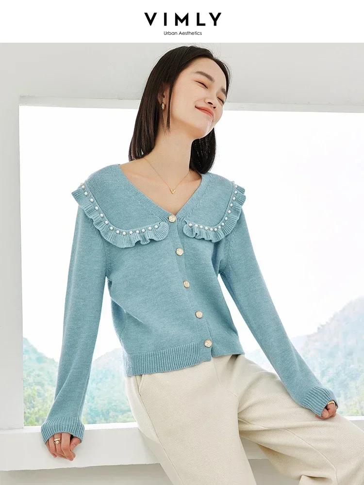 Vimly Autumn Knitted Cardigan Elegant Ruffle V-neck Long Sleeve Woman Sweater 2023 Fall Casual High Strecth Knitwear Women 72557