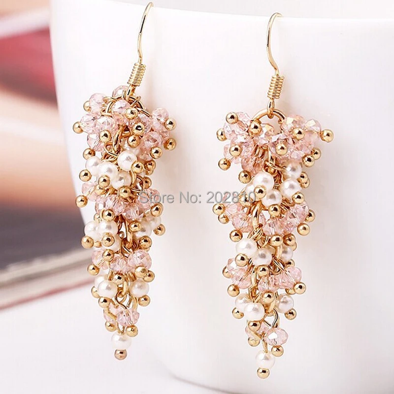 tiki по 1 грн все Girls Long Dangle Drop Cерьги женские Pink Crystal White Pearl Earrings For Women Wedding Fine Quality