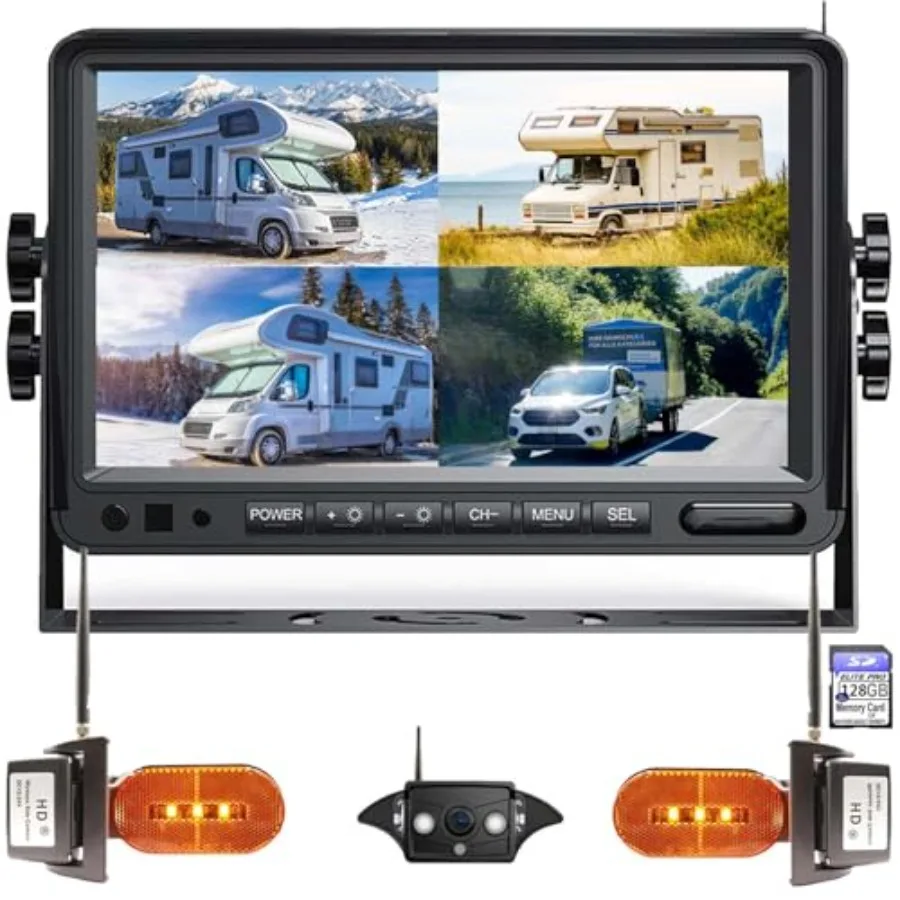 RV backup camera monitor for pre-wired Furrion system: 10-inch wireless 3-split 1080P screen with built-in DVR, 128GB storage,