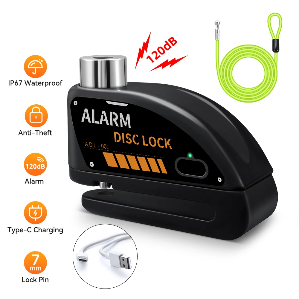 Motorcycle Alarm Disc Lock 120dB Anti-Theft Bike Alarm Lock Rechargeable Waterproof With 1.8M Cable Security System