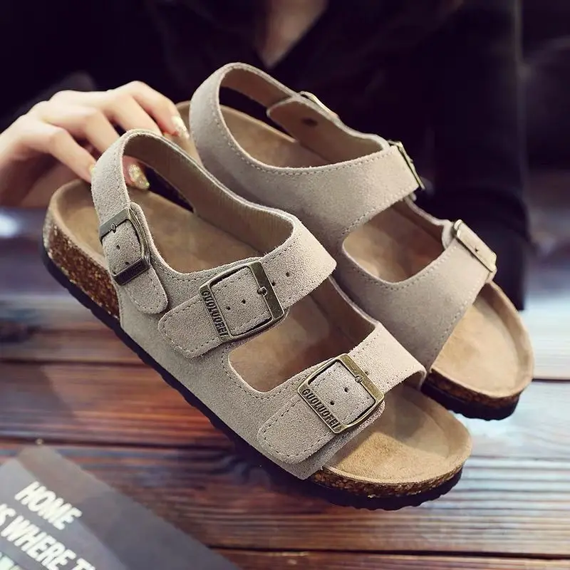 

2024 Summer Men Retro Genuine Leather Flat Casual Outdoor Beach Open Toe Sandals Women