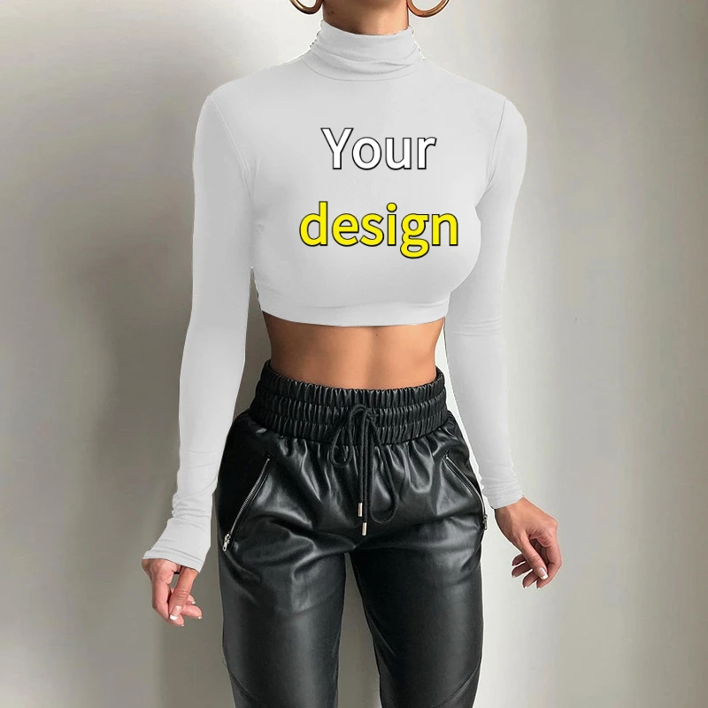 Customized Printed Photo or Logo Women's Sexy Slim Boting Long Sve High Collar T-irt Pure Spring Season Faion Ladies' Top