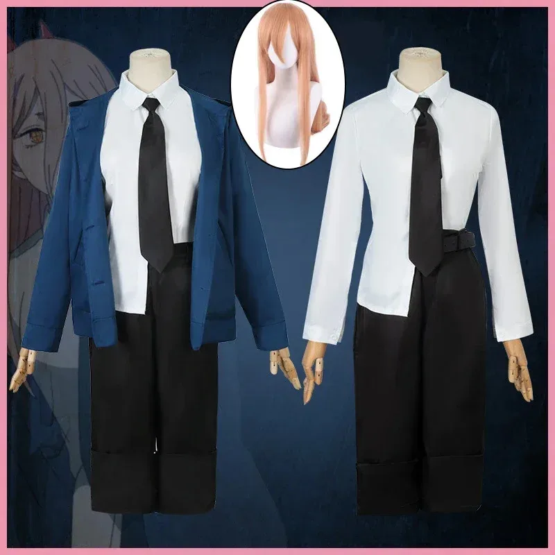 

Power cosplay costume chainsaw man outfits blue suit shirt tie short wig neck ring women anime Halloween uniform