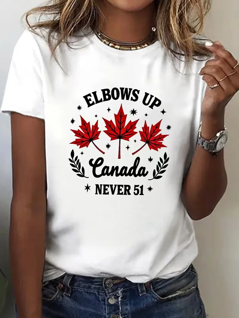 

Women's Canadian Pattern T-shirt - Red Maple Leaf and "ELBOWS UP CANADA NEVER 45" Print