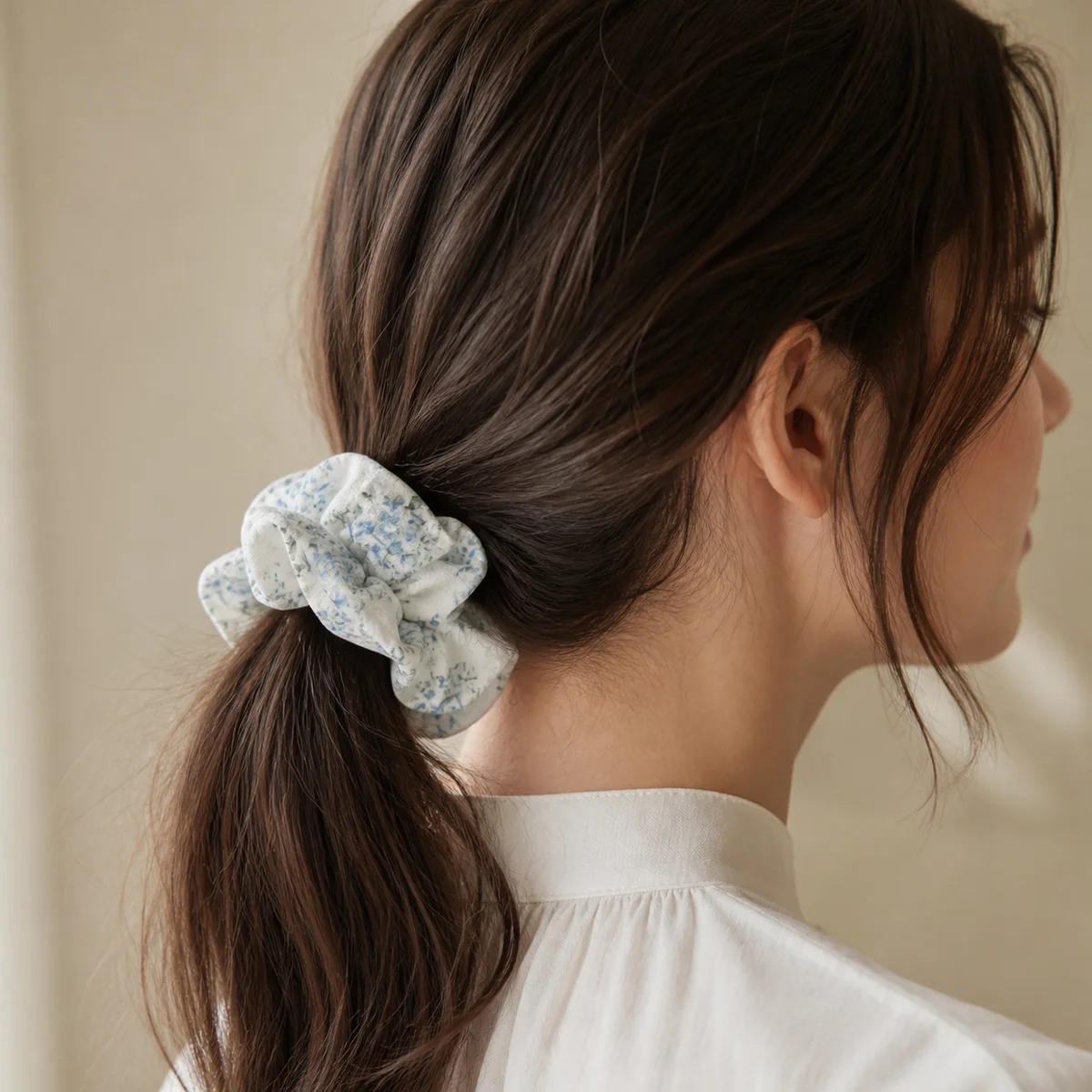 Off-White Blue Spring Floral Hair Scrunchie for Ponytails and Buns