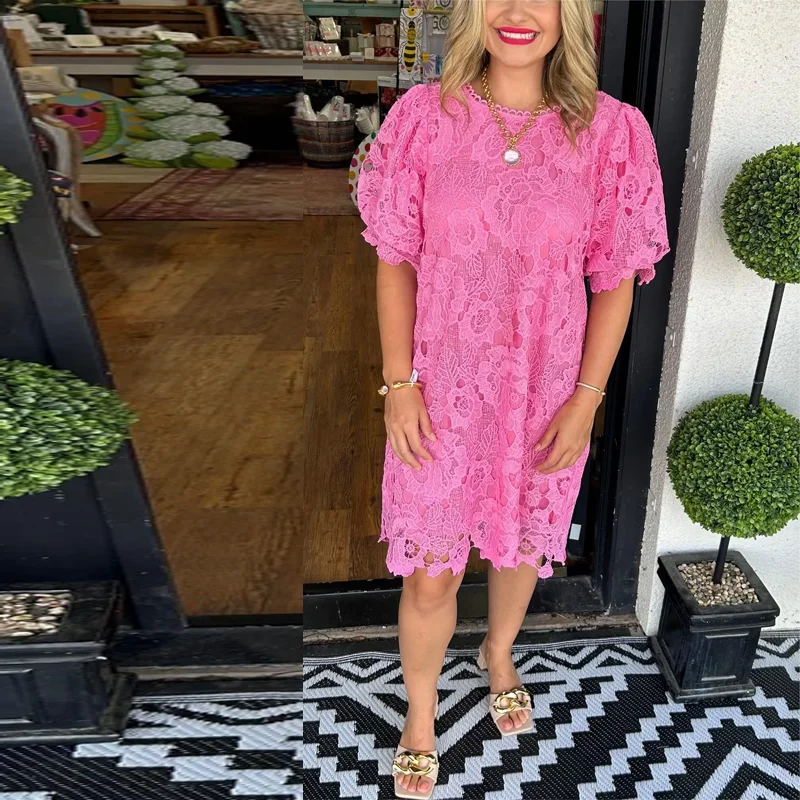 

Summer Ladies Round Neck Lace Jacquard Crochet A-Line Pullover Dress Women’s Hollow Simple Casual Temperament Party Dresses 2024