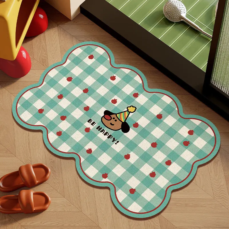 VIKAMA Pink Check Lace Wavy Shaped Bath Mat Non Slip Washable Absorbent Rug Sweet Cartoon Kids Room Home Decor Mat