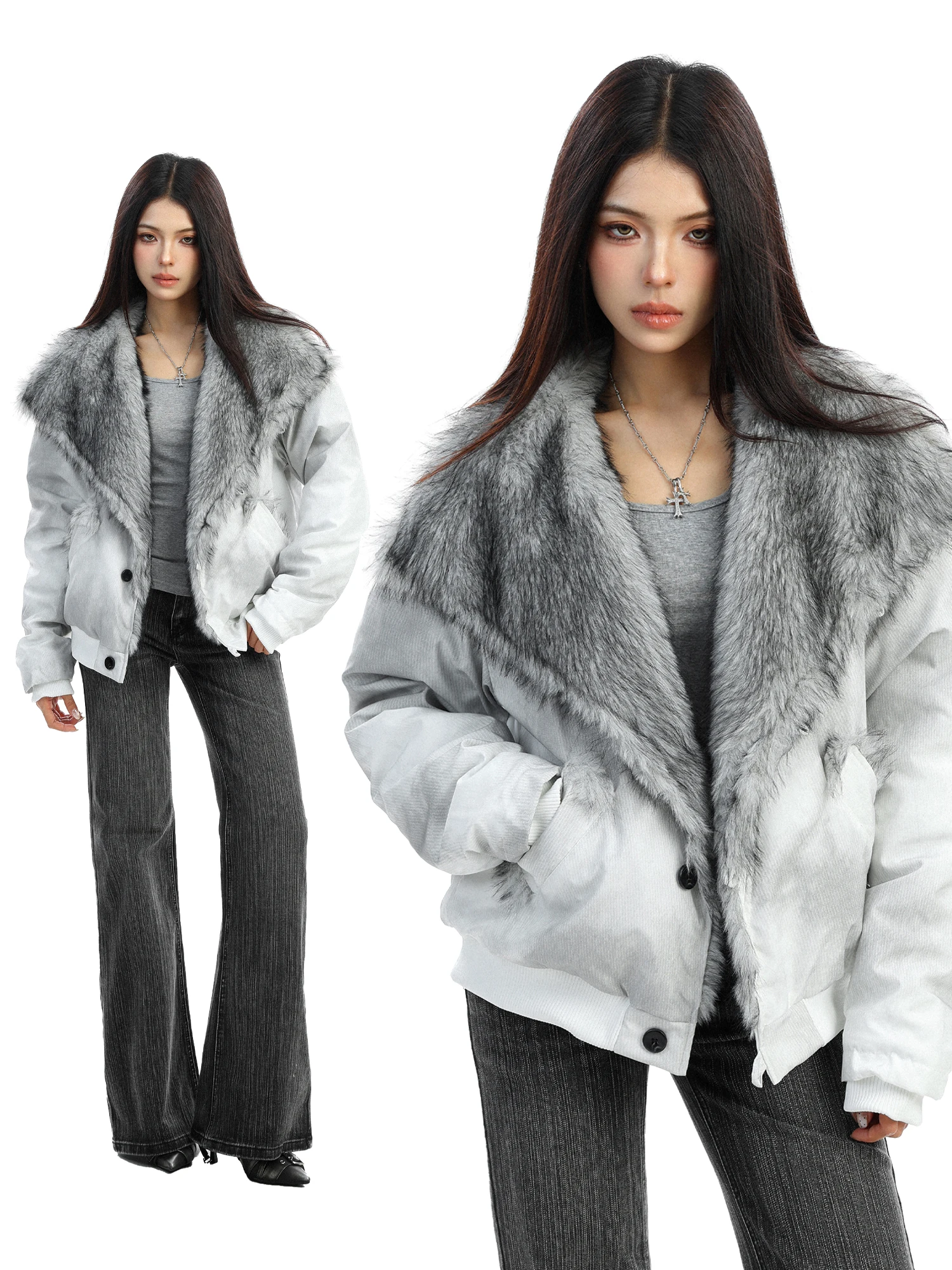 

Thiened Fluffy Collar American Dyed Cotton Jaet Women's Winter Warm Outerwear Couples Coat Vintage Loose Fit Long Sve