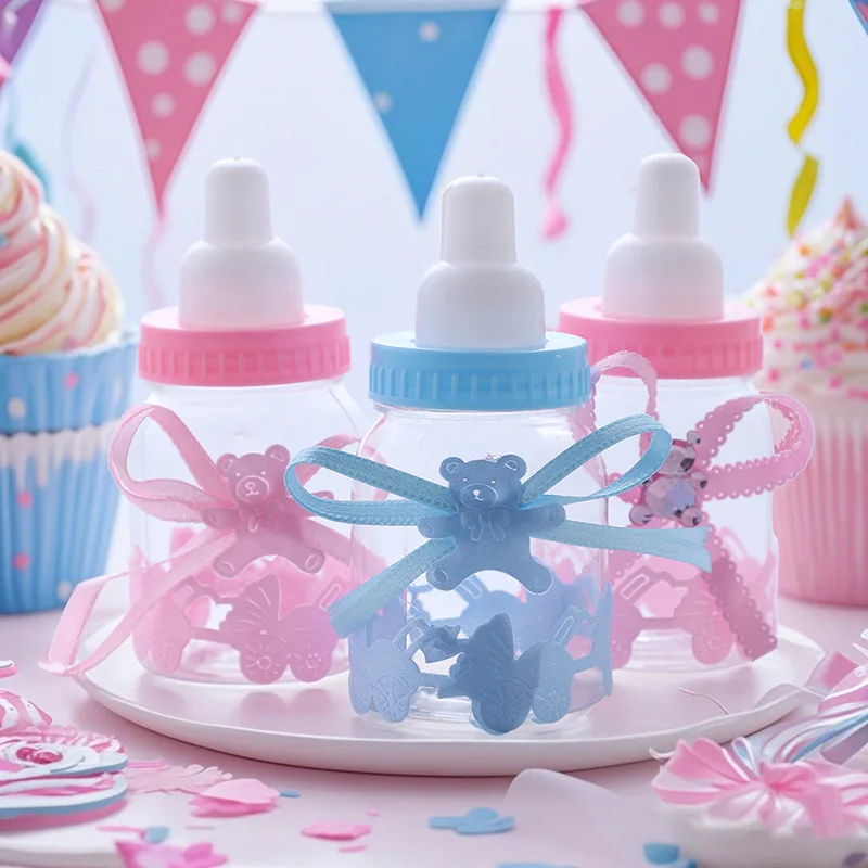 

12 parts/set Children Birthday Party Gender Reveal Decoration Supplies Transparent Blue Pink Plastic Mini Baby Bottles Candy Box