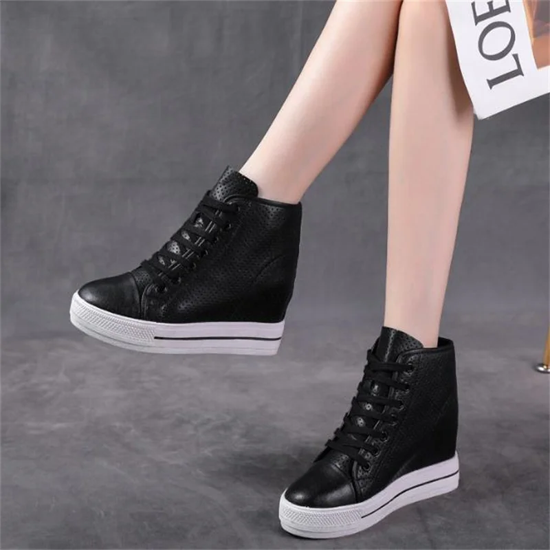 8cm New summertime Lace-up High-top Genuine Leather ventilate Shoes Women Sneaker Shoes Increase Within Wedges Casual Shoes 39