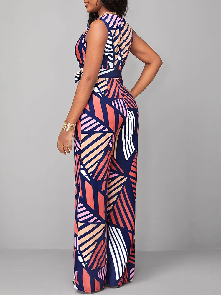 2023 New Summer Geometric Printed Sleeveless V-neck Jumpsuit of One Fashion Casual Pieces for Women Elegant Female