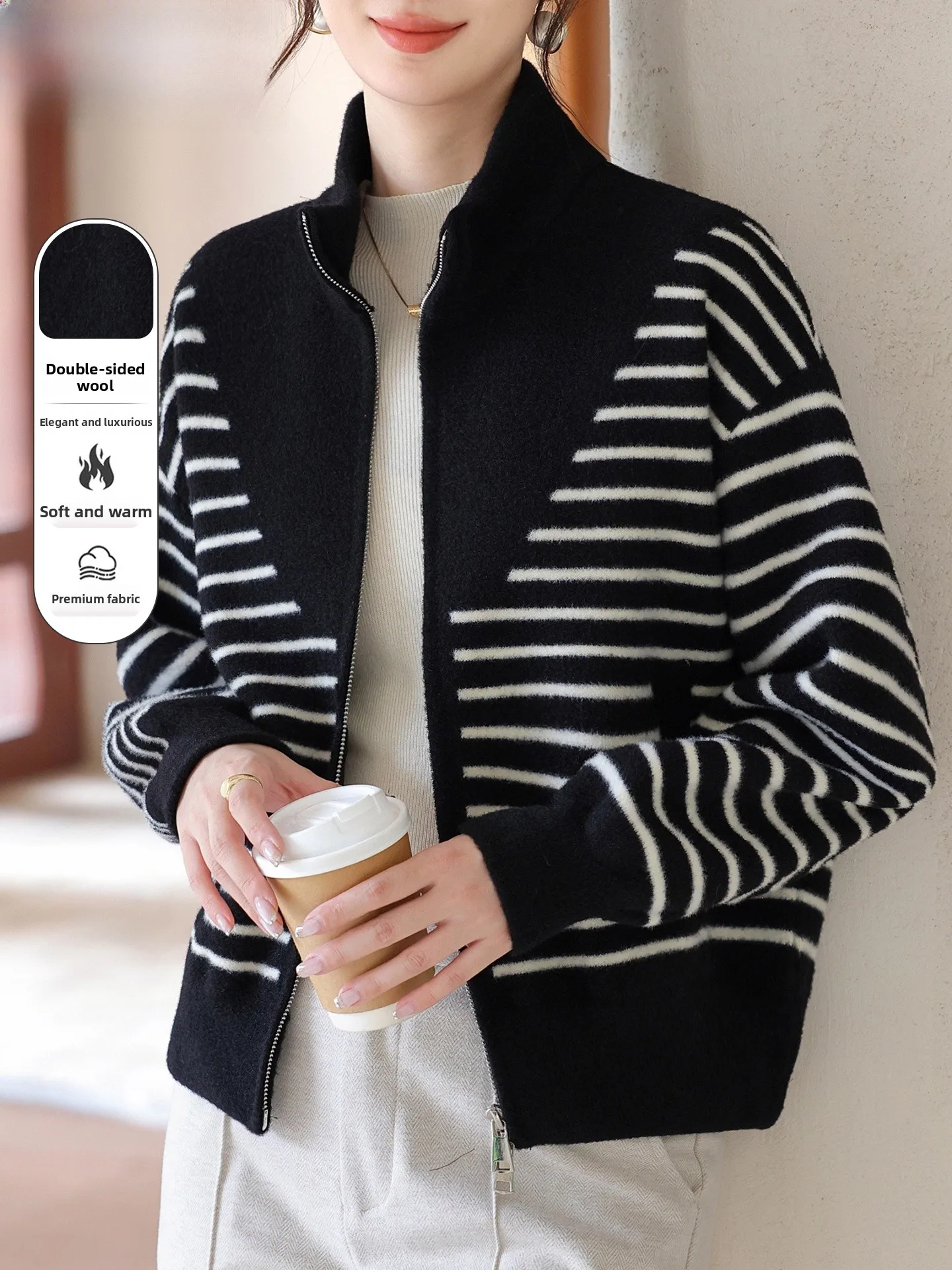 

Double-Sided Woolen Coat Faionable Striped Camere Outerwear for Middle-Aged Women Autumn Winter Warm Loose Fit Cardigan