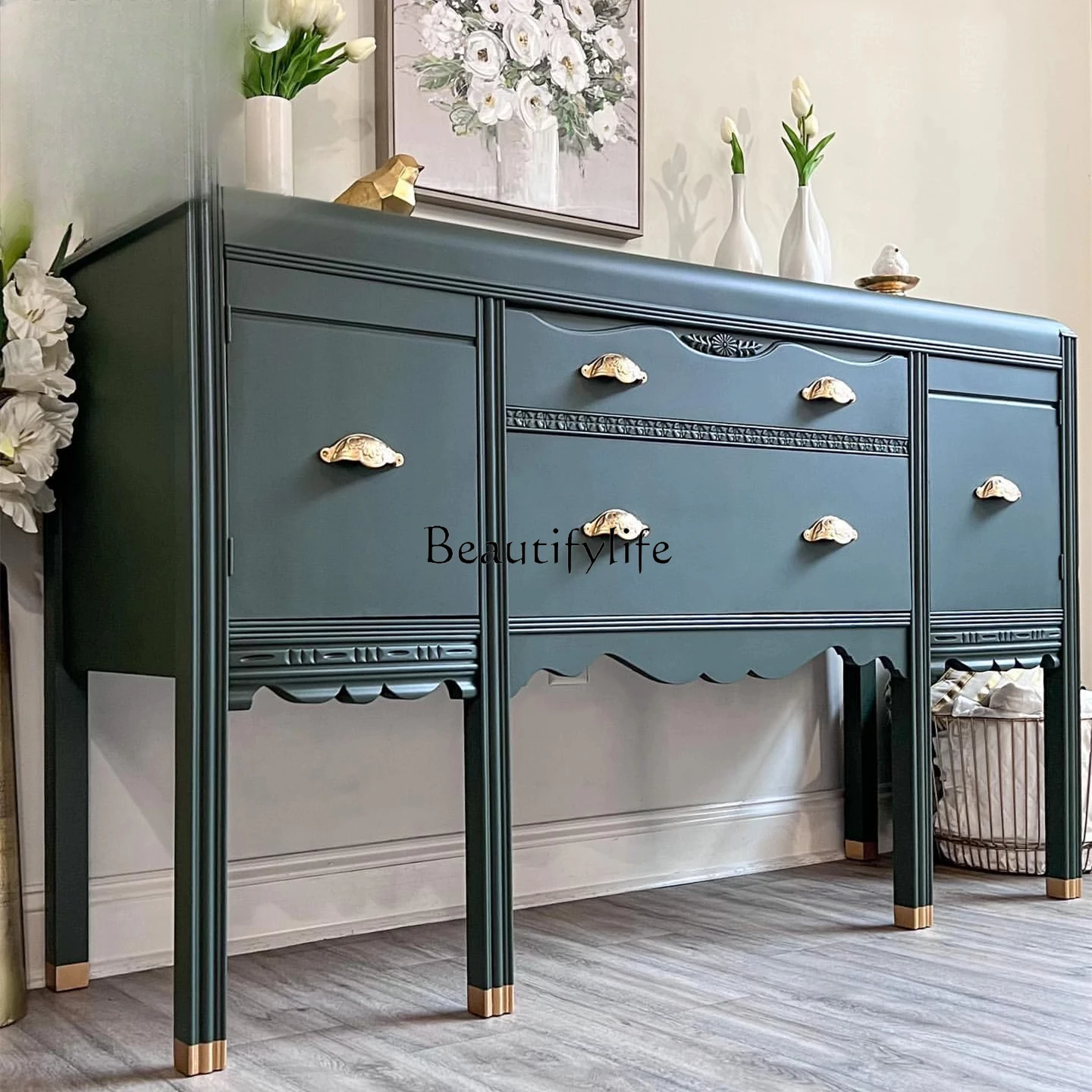 

yj7 French Retro Solid Wood Carved Entryway Cabinet American Style Living Room Entryway Decorative Sideboard Storage Cabinet