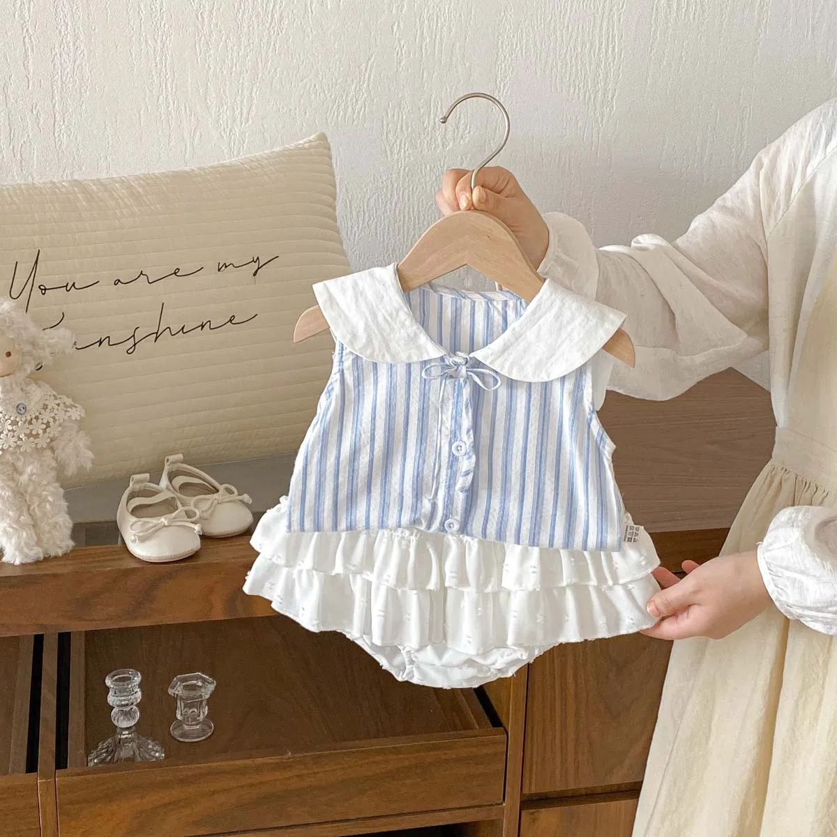 Girls' Summer New Striped Doll Collar Top Cake Skirt Pants Set Baby Bow Academy Wind Clothes