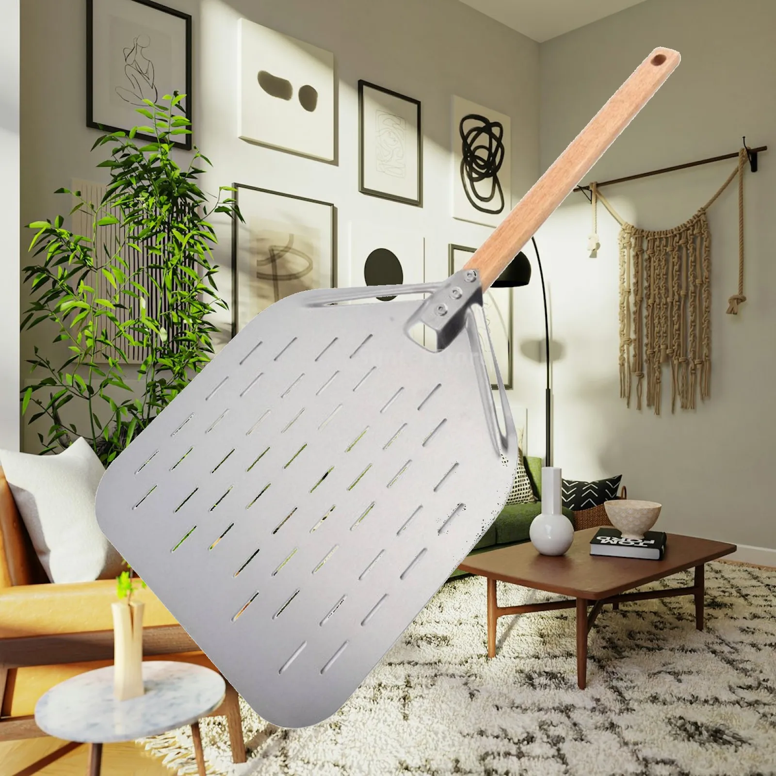 Detachable Handle Pizza Spatula with Raised Front Rim and Ventilation Slots for Smooth Pizza Oven Transfer