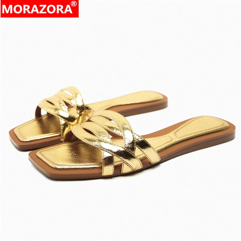 

MORAZORA Plus Size 34-42 ZA New Genuine Leather Women Slippers Fashion Brand Flat Slippers Outside Summer Ladies Mules