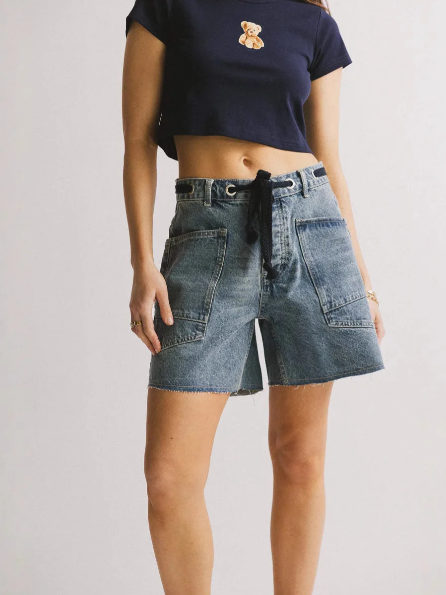 Women Drawstring High Waist Denim Shorts, Raw Hem Patch Pocket Loose Fit Casual Jean Shorts Vintage