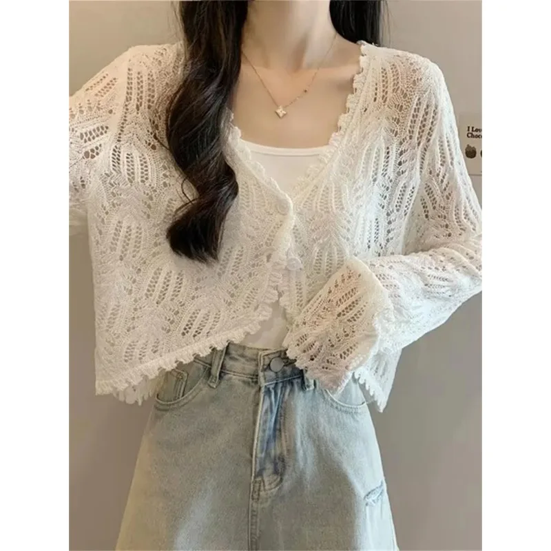 

2026 Fashion Korean Hollow Out Teenages Tops Cropped V-neck Knitwear Women Sweet Sexy Streetwear Spring Long Sleeve Cardigans