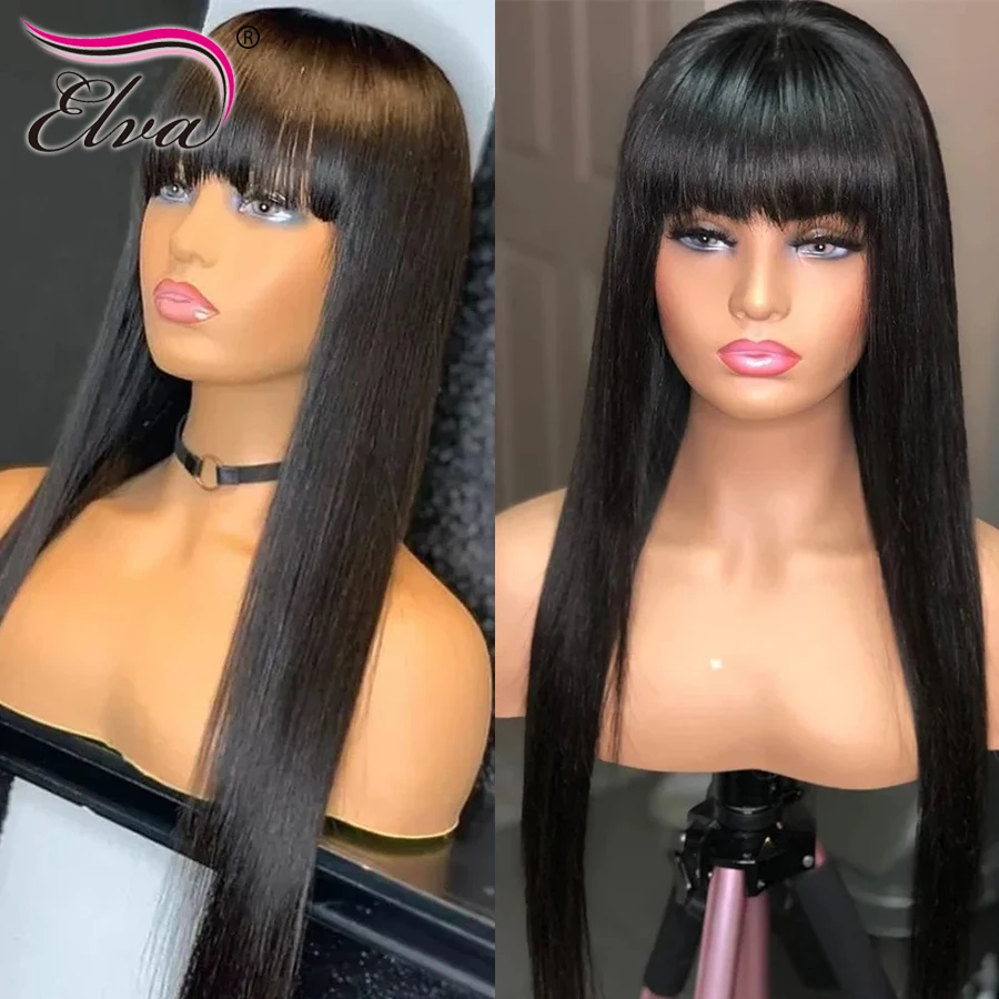 30 32 Human Hair Wig with Bangs Raw Indian Straight Human Hair Fringe Wigs 16-32Inch 250 Density Straight Human Wigs For Women