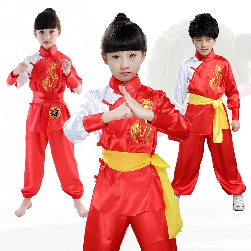 Hoge Kwaliteit Chinese Folk Kleding Kinderen Gongfu Kostuum Met Dragon Boy Kung Fu Performance Kostuum Met Riem