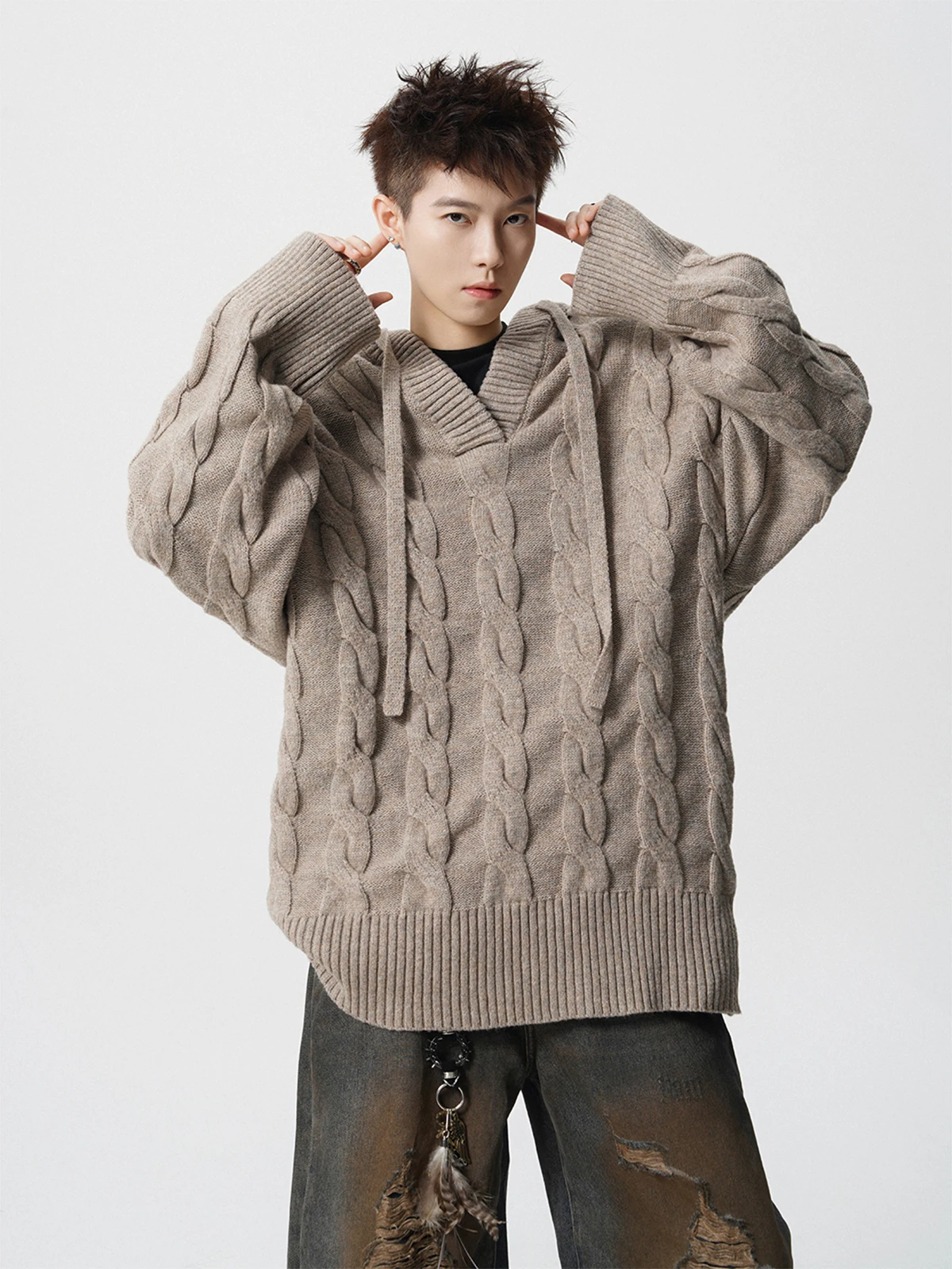 2025 Autumn Winter American Retro Wheat Pattern Black Knit Sweater Men's High Street Loose Casual Khaki Gray Hooded Sweater