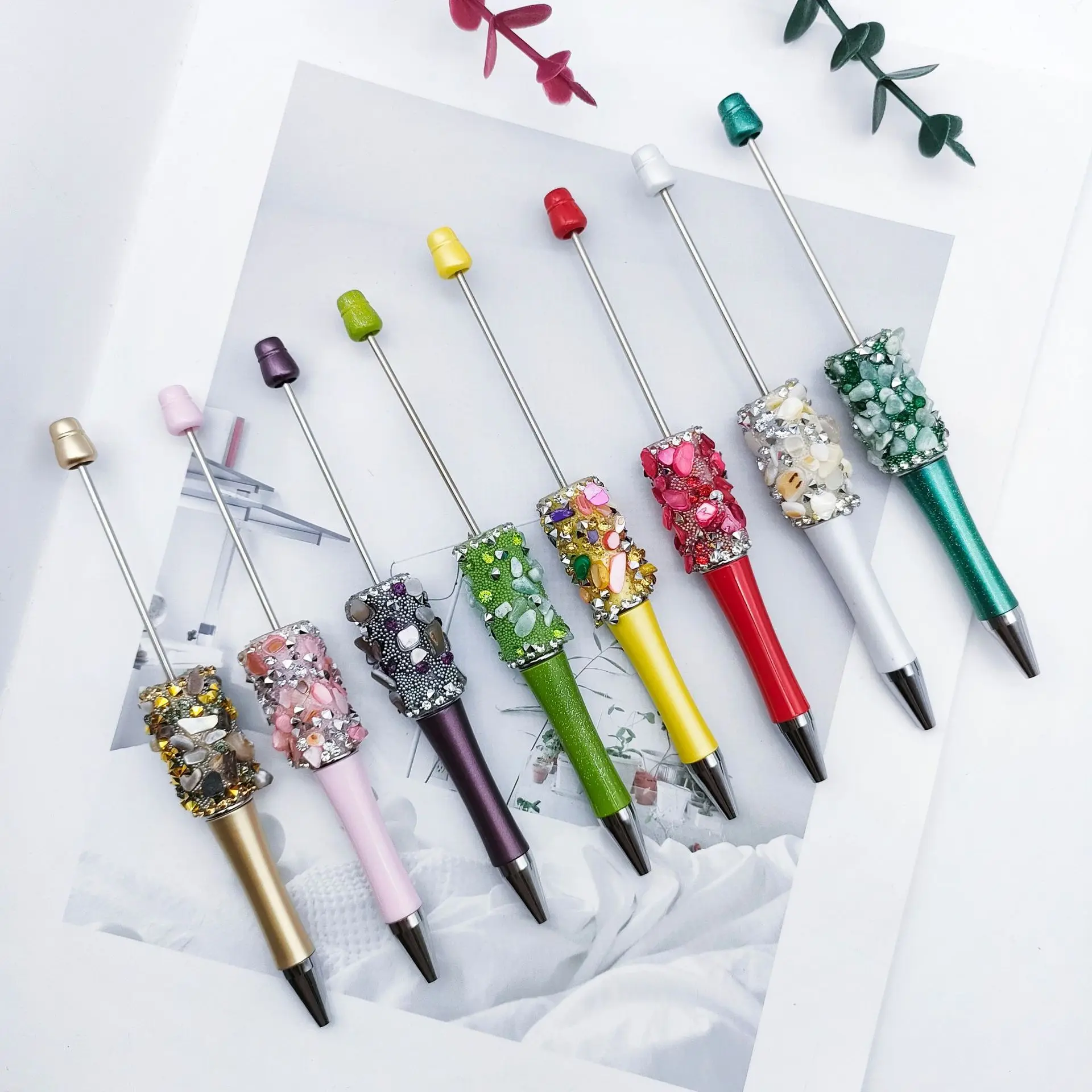 50pcs New Broken Diamond Petal Beaded Pen Glitter Beadable Ballpoint Pen School Supplies Japanese Stationery Kids Luxury Pen