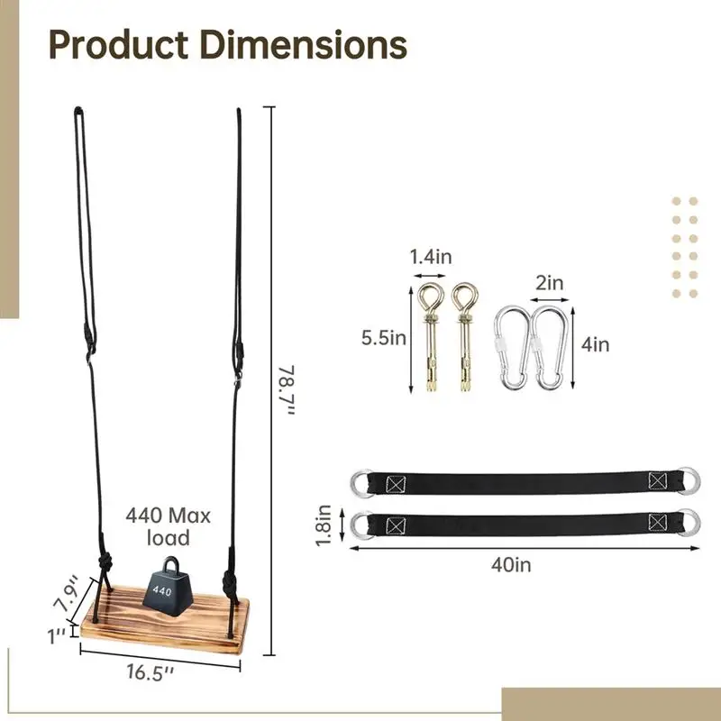 Columpio de árbol de madera, asiento colgante de altura ajustable para patio trasero, patio de juegos de jardín, 440 libras de carga máxima,