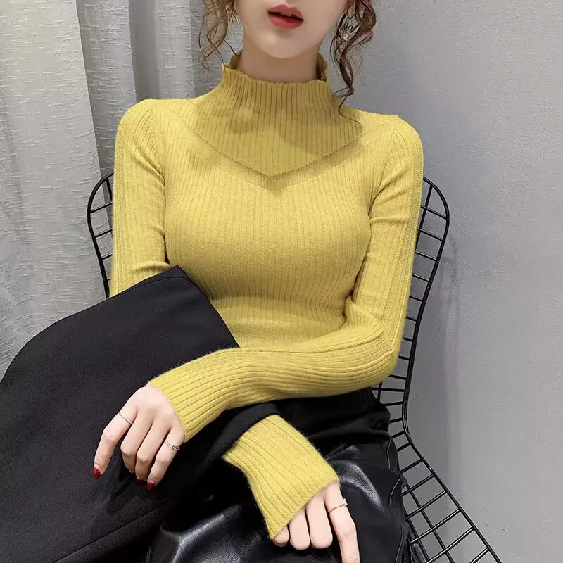 New Sexy V Mesh Splicing Knitted Sweater Autumn Winter Elasticity Slim Turtleneck Sweater Long Sleeve Office Lady Elegant Shirt