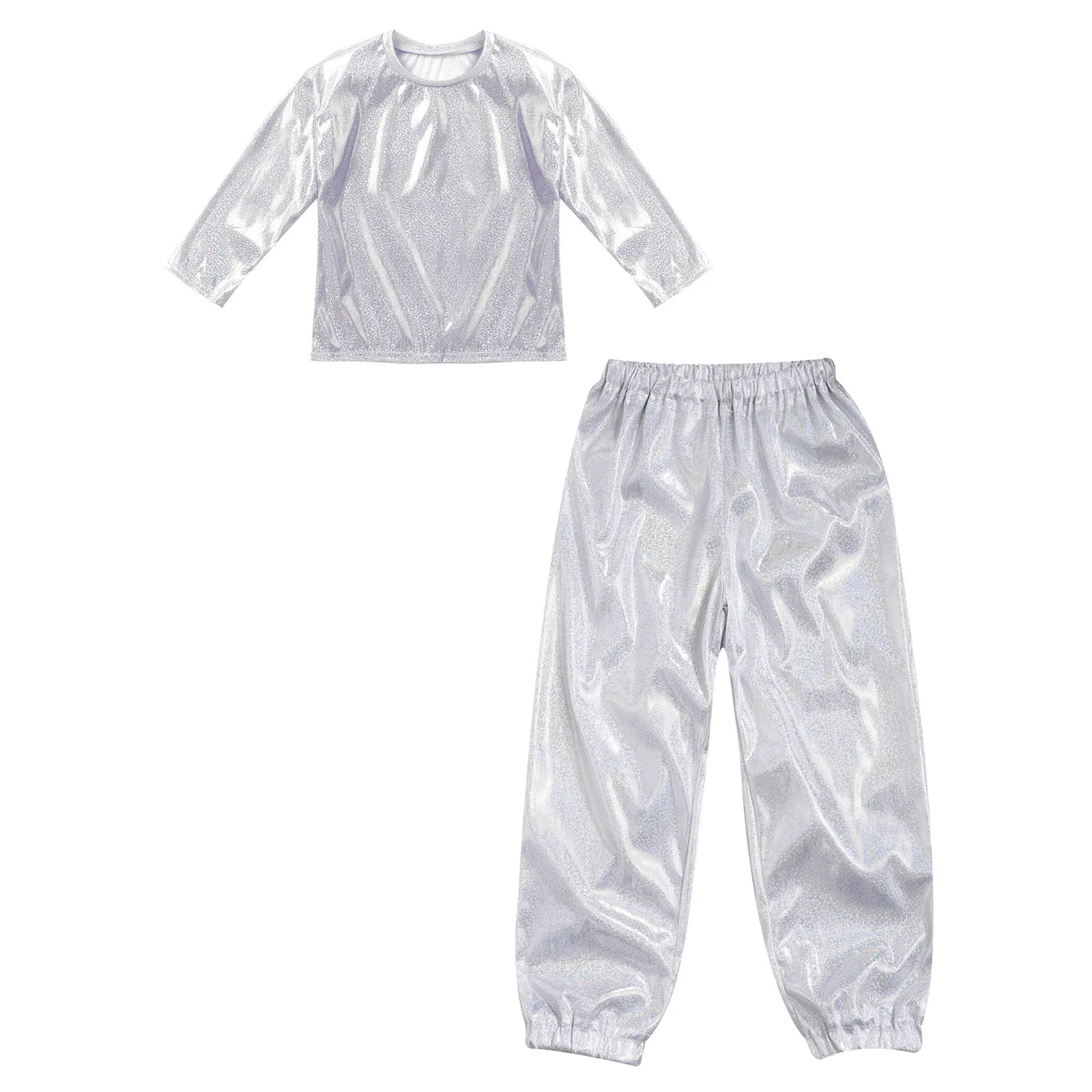 Children Jazz Dance Costume Hip Hop Street Dancing Stage Performance Outfit Metallic Shiny T-shirt with Glittery Pants Dancewear