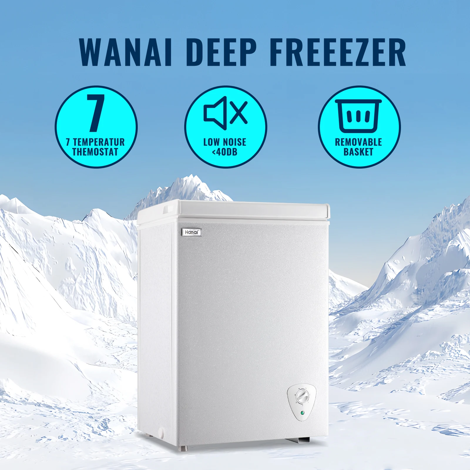 WANAI 2.7 Cubic Small Deep Freezer with Top Open Door and Removable Storage Basket, 7 Gears Temperature Control, Ideal for Office Dorm or Apartment, White/Black