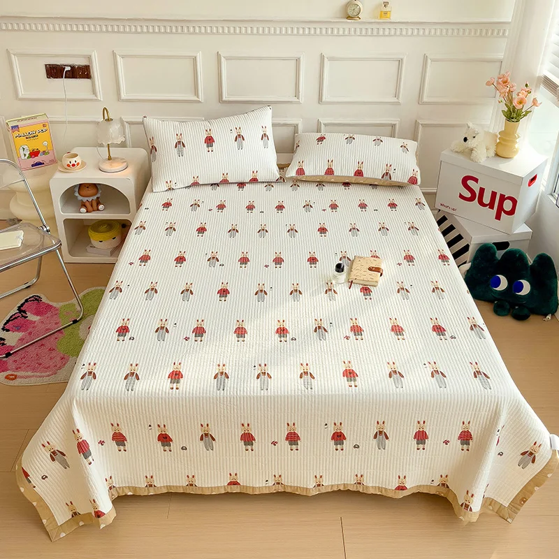 

New Floral Washed Cotton Multi-Functional Three-Piece Bed Cover Set Quilted Non-Slip Household Cover Blanket