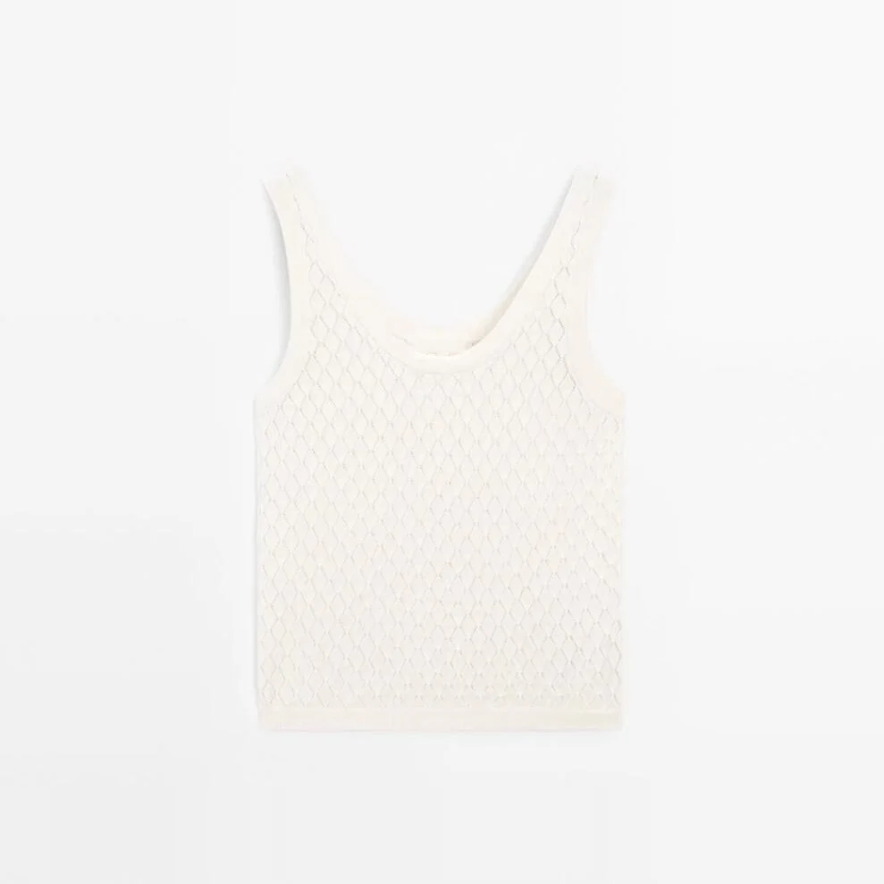 

New 2025 Hollow out Diamond Pattern Knitted Strapl Top Svel T-irt in Beige Color Street Sle Summer Faion Women...