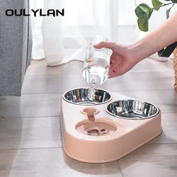 Oulylan 3In1 Pet Dog Cat Food Bowl with Bottle Automatic Drinking Feeder Fountain Durable Stainless Steel 3 Bowls Pet Supplies