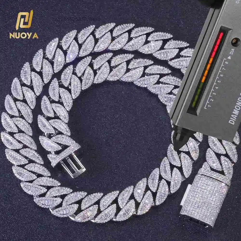 NUOYA 20mm Cuban Chain Necklace 925 Silver Full Iced Baguette Cut VVS Moissanite Mixed Inlay Hip Hop Jewelry Unisex..