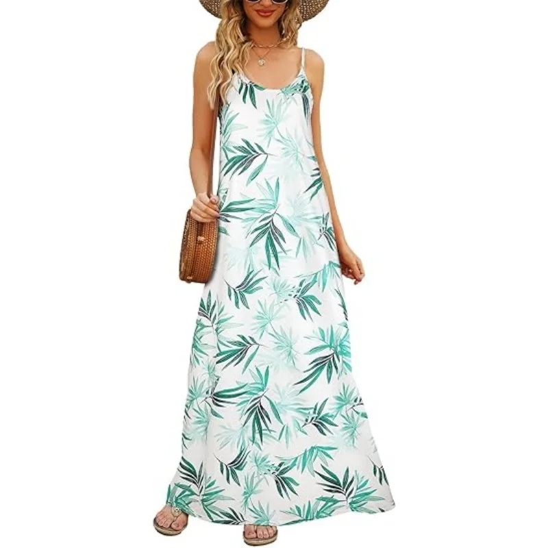 

2025 V-neck pattern sleeveless bohemian spaghetti straps floral women's maxi skirt pockets casual summer maxi dress casual