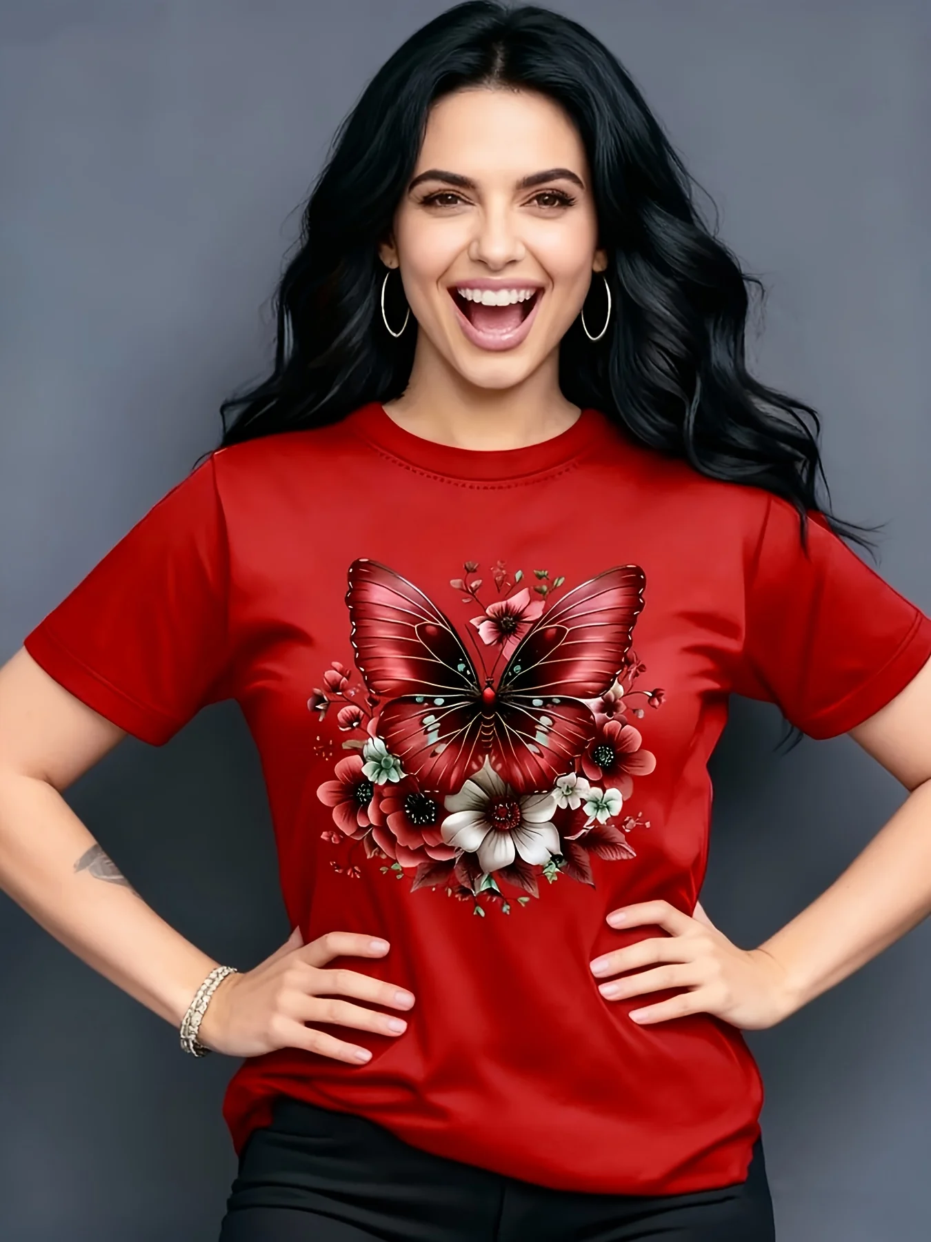 A Short-Sleeve Round-Neck Casual T-Shirt with And Flower Patterns Fashion Harajuku Kawaii T-shirt Women's Y2K Clothing ﻿