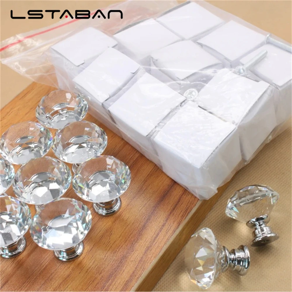 Transparan 30mm furnitur berlian kaca kristal pegangan pintu lemari laci warna-warni lubang tunggal campuran seng bulat pegangan siram