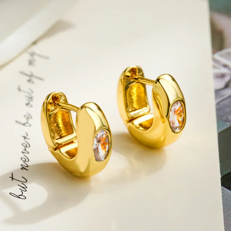 

European and American Minimalist Style Copper Gold-Plated Zircon Simple Hoop Earrings for Women, Internet Celebrity Niche Light