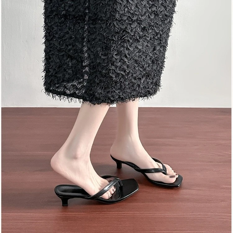 Sandals High Heel Women's Pussy Heel Leather Flip-flops Women's French Small Heels Slippers Half-tray Shoes