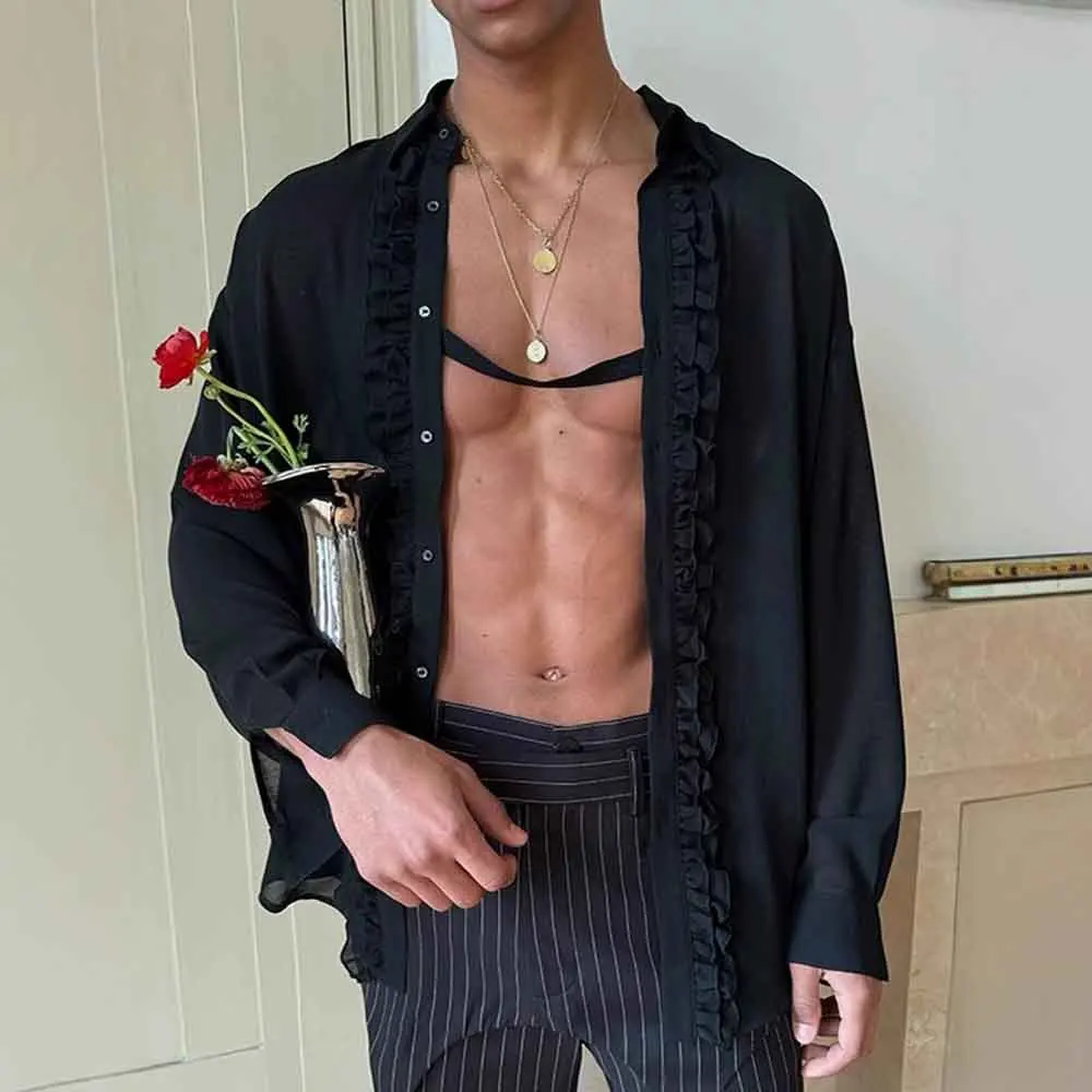 

Осенняя новая мужская однотонная перспективная рубашка с длинными рукавами в американском стиле ретро, модный тренд, уличный повседневный свободный нишевый мужской топ