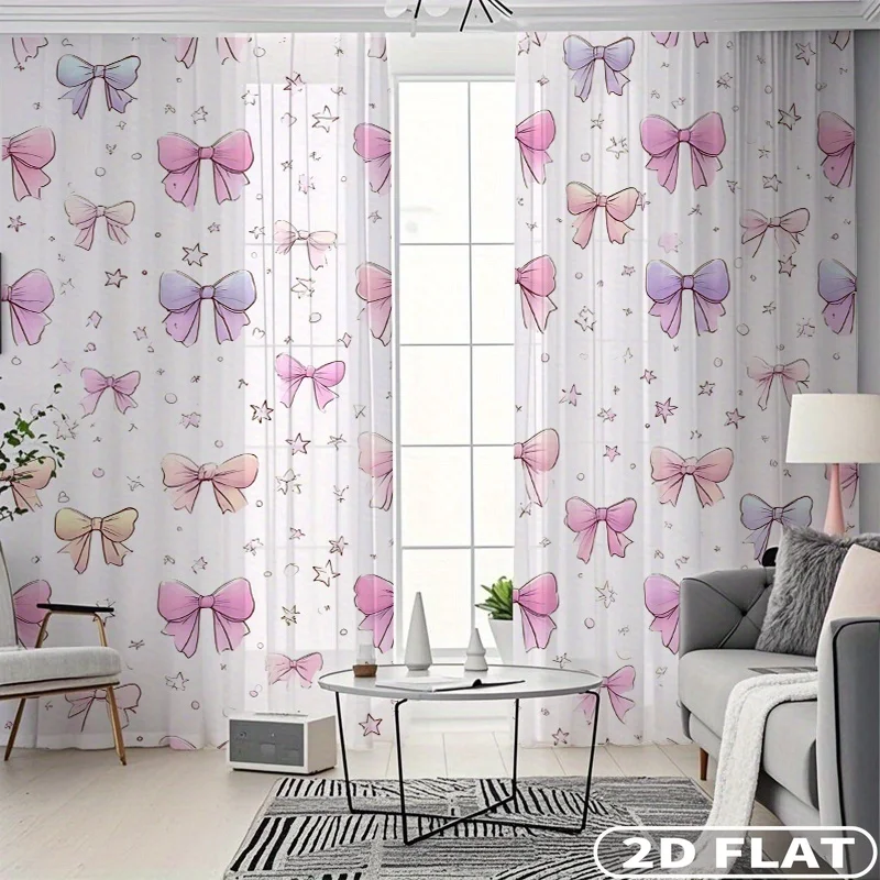 

2pcs Pink Bow Stars Pattern Print Sheer Curtains, Washable Polyester Window Drapes, Rod Pocket, for Home Decor Living Room
