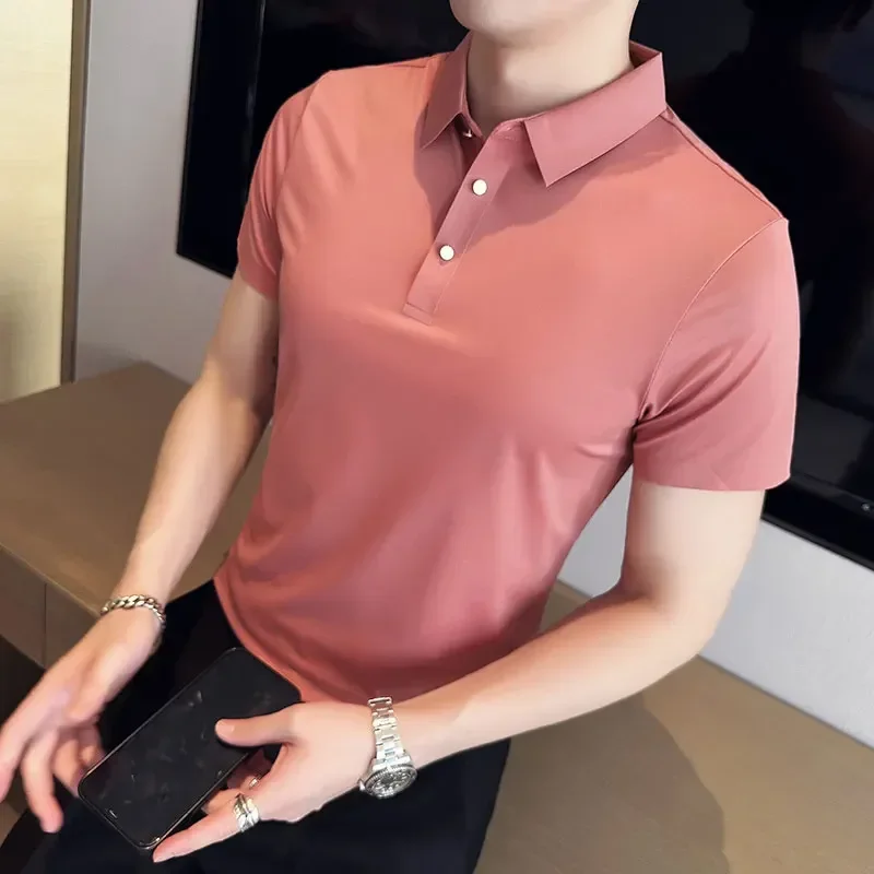 Ice Silk Traceless T-shirt Men\'s  Business Casual Solid Color Half Sleeve High Elasticity Top Silk Smooth Breathable POLO Shirt