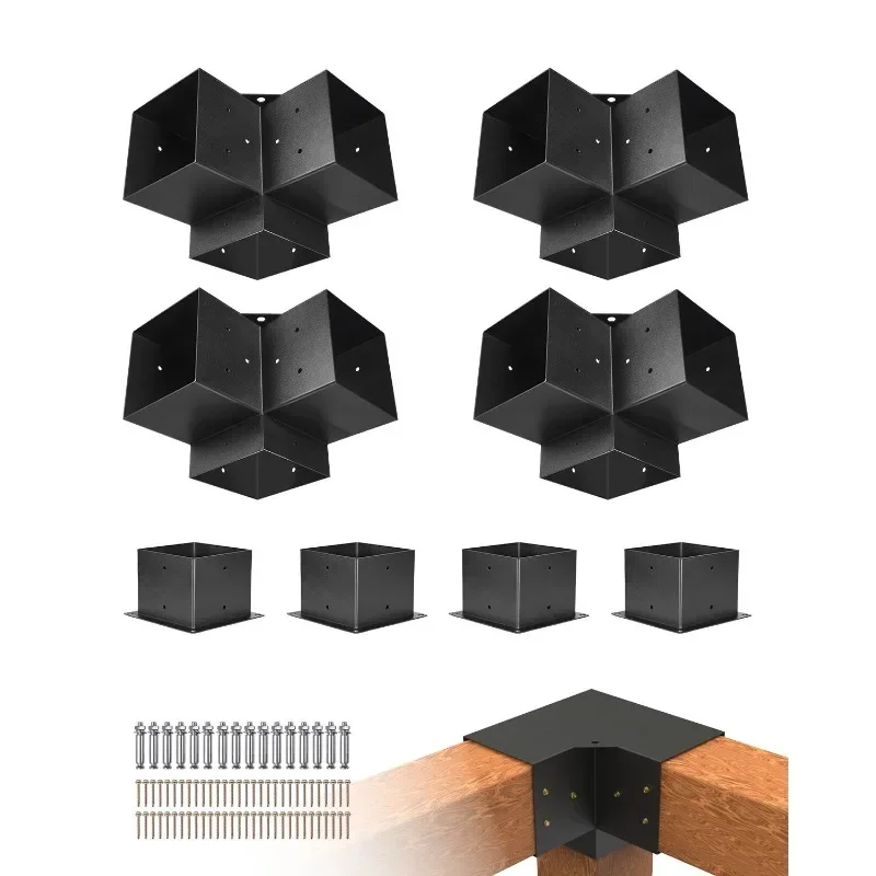 5.5x5.5 Inch Gazebo Corner Connectors, 4-Piece 3-Way Carbon Steel Bracket Kit for Patio Pergola Log Cabin DIY Woodworking, Black Powder-Coated Thickened Base Structural Hardware Holiday Gift