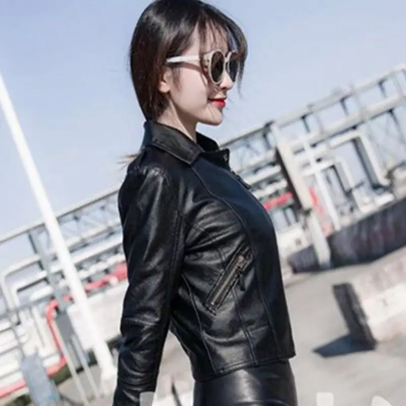 Women Spring Summer Faux Leather Jacket Black Slim Short Jackets Motorcycle PU Jackets Solid Colors Zippers Slim Short Jacket