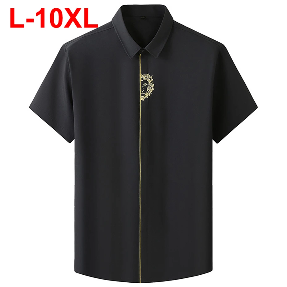 

Me's Plus Size 7XL 8XL 10XL Shirts Embroidery Black White Loose Shirts Short Sleeve Button Up Blouse
